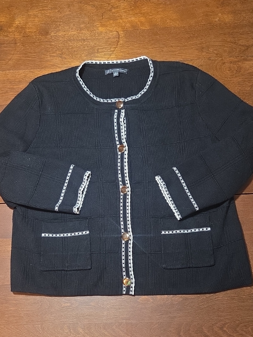 Adrianna Papell Black Knit Cardigan with White Trim Womens Small Gold Buttons